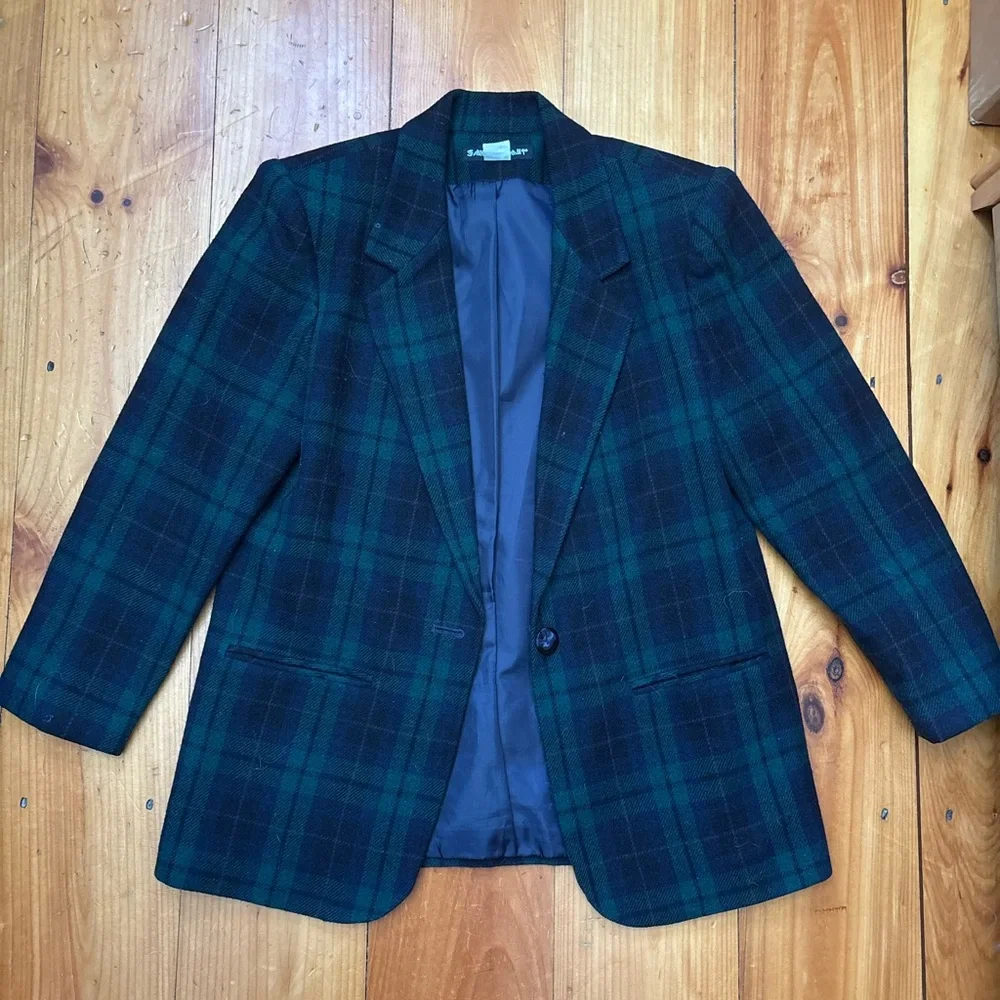 Vintage Wool Green and Blue Plaid Blazer - Picture 1 of 3